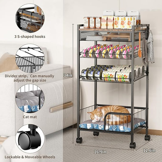 Cat Food Organizer,Multi-Functional Canned Food and Cat Bed Rolling Storage Cart,Manually Adjust The Gap Size,Store Suitable Can Sizes,Used for Jar Food & Cat Food Dispenser Rack