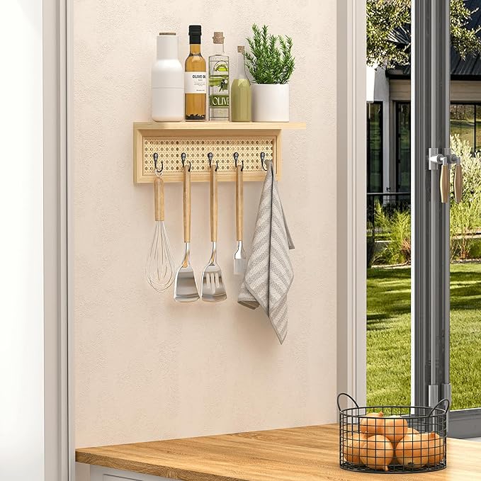 Homode Coat Rack Wall Mount with Shelf, Boho Rattan Entryway Wall Shelf with Hooks, Natural Wood Floating Shelves with 5 Pegs, Hanging Coat Hooks Hat Hanger for Nursery Bedroom Living Room Kitchen