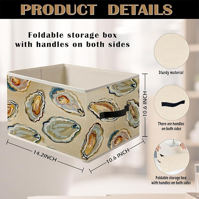 Coastal Beach Ocean Oyster Storage Bin Box with Handles, Marine Biology Oyster Shell Beachy Foldable Organizer Basket Toybox for Beach House Bedroom Bathroom Clothes Toys Books