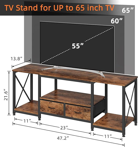 GYIIYUO TV Stand with Fabric Drawer for 50 55 Inches TV - Entertainment Center and Industrial TV Console Table with Open Storage Shelves for Living Room, Bedroom - 47" Rustic Brown