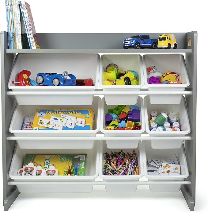 Humble Crew Toy Storage Organizer with Top Shelf and 9 Removable Bins, Grey/White – Toddler Bookshelf with Toy Organizer - Modern Toy Rack Ideal for Kids' Rooms, Playrooms, and Nurseries