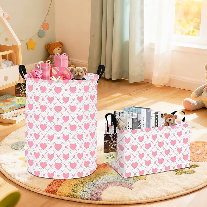 HUNRUNG Laundry Hamper,Large Canvas Fabric Lightweight Storage Basket Toy Organizer Dirty Clothes Collapsible Waterproof for College Dorms(Round-Heart)