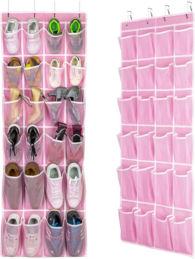2 Pack Hanging Shoe Organizer,Over Door Shoe Organizer with 24 Mesh Large Pockets Shoe Storage Bag for Sport Shoes Size:58x21 Inch Hanging Door Shoe Rack Organizer (Pink-2pack)
