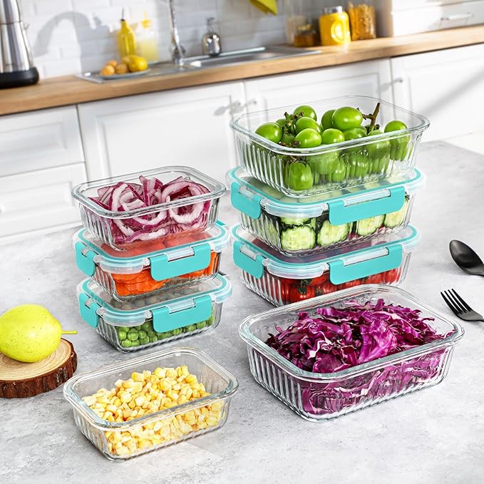 KOMUEE 10 Packs Glass Meal Prep Containers with Lids, Glass Food Storage Containers Set, Airtight Lunch Containers, Microwave, Oven, Freezer and Dishwasher Safe, Green
