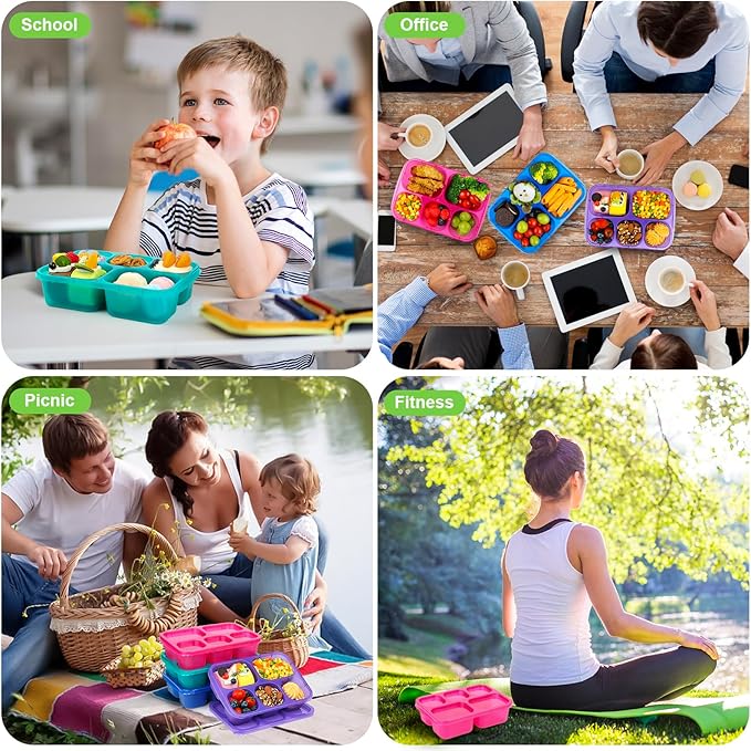 Bento Box Adult - Snack Box Containers 4 Pack, 5 Compartment Lunchables Containers for Kids/Adults, Meal Prep Container Reusable for Travel (Colorful)