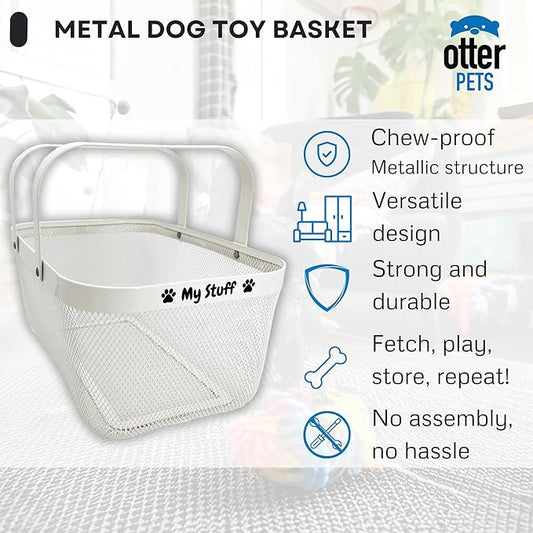 Dog Toy Basket Metal Mesh Metal, Chew Proof, 16 (L) x 9.5 (W) x 7 (H) inches White Dog Toy Bin, Sturdy Pet Toy Basket