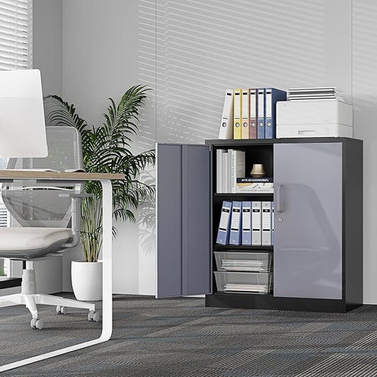 Metal Tool Storage Cabinet with Doors and Adjustable Shelves,Lockable Steel Cabinet for Garage,Home,Office and School Assembly Required(Grey)