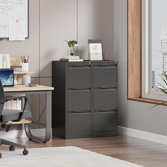 3 Drawer File Cabinet, Metal Filing Cabinets for Home Office, Black Vertical File Cabinet with Lock for Letter/Legal/A4/F4 Size, Assemble Required