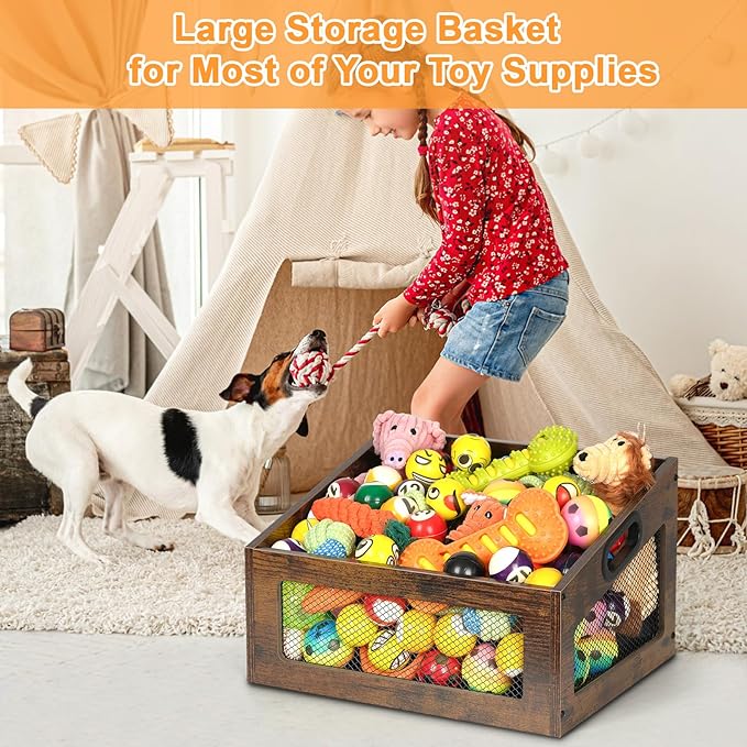 handrong Dog Toy Basket,Wood Dog Toy Box,Dogs Toys Bin,Dogs Storage Organizer,Large Cat Toys Basket Box for Living Room Outdoors Organizing Storage