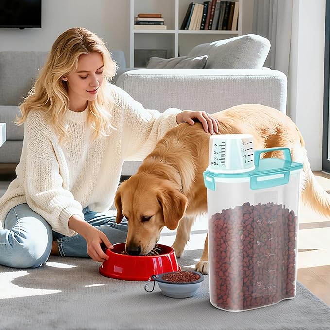 Airtight Small Cat Dog Pet Food Storage Containers BPA Free, with Large Pour Spout/1 Measuring Cup/ 4 Safety Locks and Double-layer Silicone Strip (Clear Blue x 2, 3L-2pack)