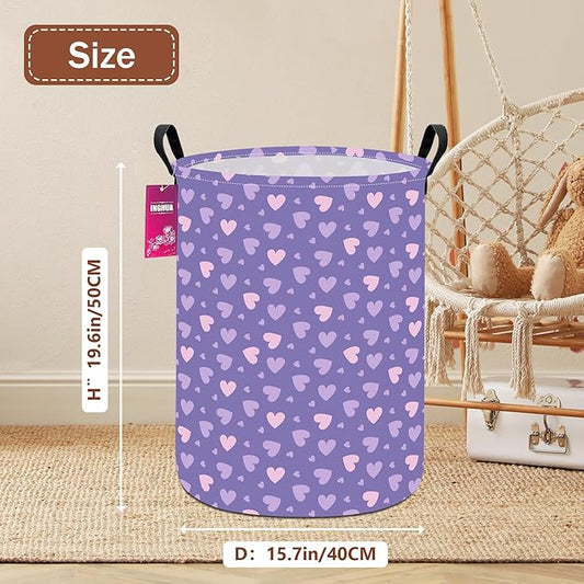 Laundry Hamper Large Canvas Fabric Lightweight Storage Basket/Toy Organizer/Dirty Clothes Collapsible Waterproof for College Dorms, Boys and Girls Bedroom,Bathroom(Purple hearts)