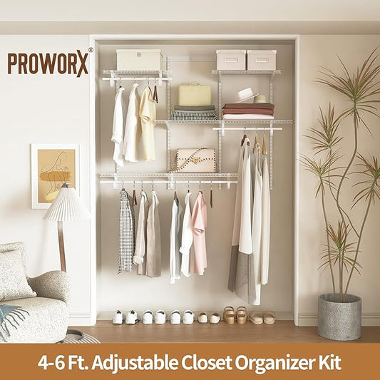 4-6 Ft Closet Organizer System, Adjustable Metal Wire White Closet System, Expandable Walk in Closet Organizers and Storage System, Closet Shelves with Hanging Rods