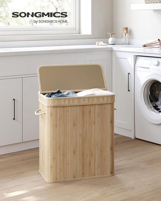 SONGMICS Laundry Hamper with Lid, Bamboo Laundry Basket, Removable Machine Washable Laundry Basket, with Handles, 26.4-Gallons, for Laundry Room, Bedroom, Bathroom, Natural Beige ULCB063N01