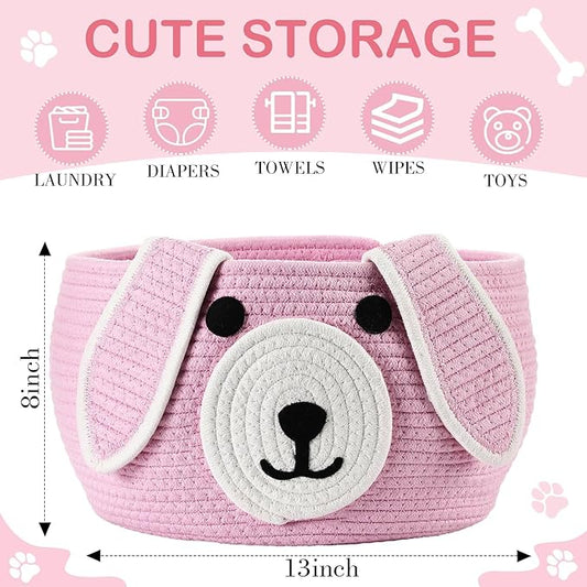 Zopeal Dog Woven Basket Cute Woven Cotton Rope Puppy Animal Storage Basket for Laundry Toy Gift(Pink,13 x 8 Inch)