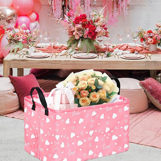 KUNRO Rectang Heart Pattern Valentine's Storage Basket Gift Shelf Basket Storage Bin, Nursery Basket Organizer Box for With Handles for Room Deco