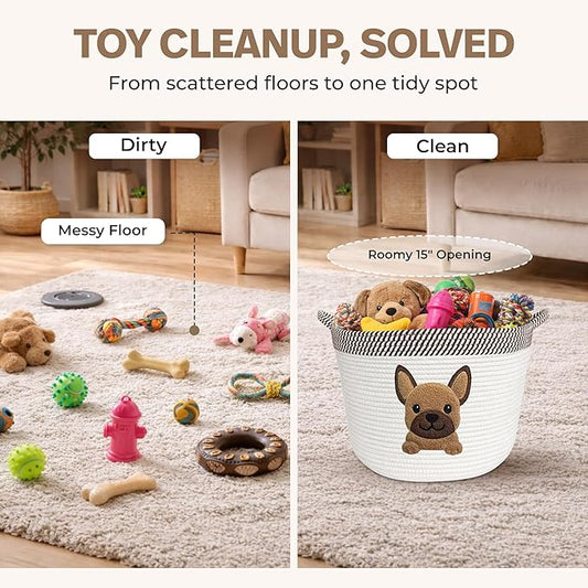 French Bulldog, Pug & Boston Terrier Dog Toy Basket, 15x11 Inch Woven Cotton Rope Storage Bin with Puppy Patch, Large Pet Organizer for Toys, Blankets, Leashes, Living Room Decor (Brown/Beige)