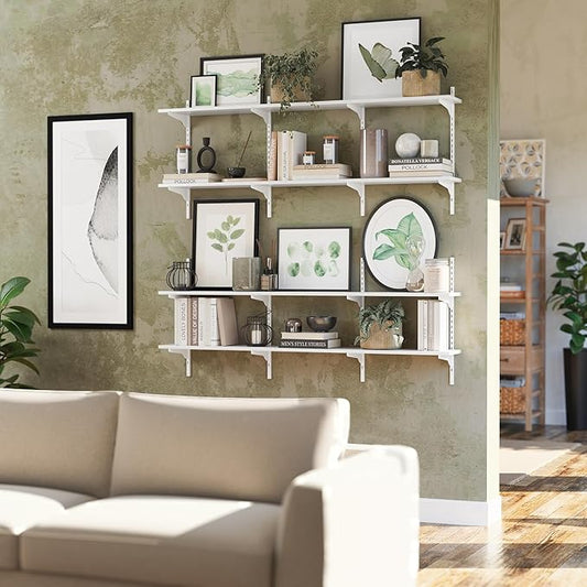 Wallniture Turin 60 inch x 8 in Floating Shelves for Wall Decor, Floating Book Shelf for Living Room, Wall Shelves with Adjustable Standard Rail Bracket System, White, Wood