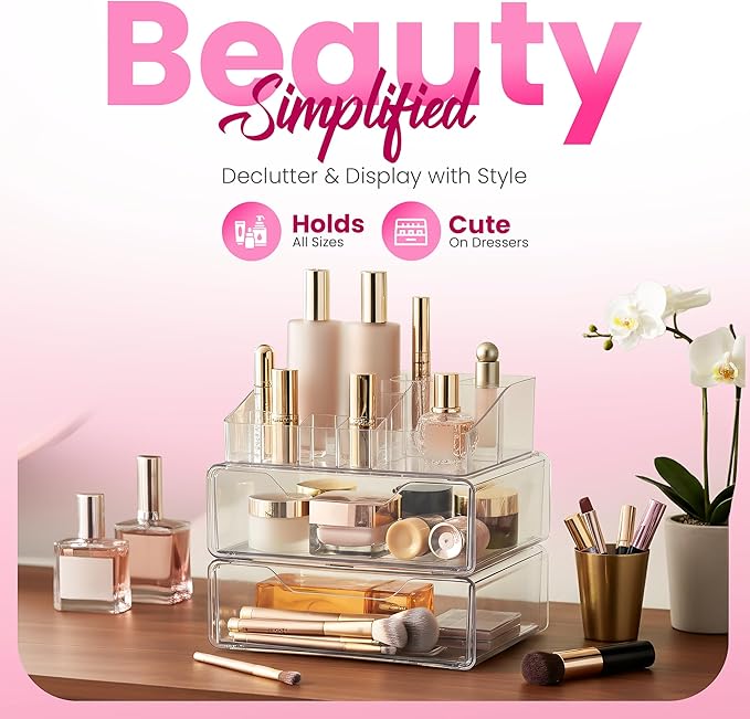Masirs Clear Makeup Organizer - Acrylic Cosmetic Vanity Storage Organizers for Girls Dresser, Bathroom, Desk Counter - Plastic Make Up Holder, Jewelry Box (2-Drawer | Multi Compartments)