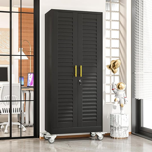 71” Metal Garage Storage Cabinet with Lock and Wheels, Metal Storage Cabinet with Louvered Door and 4 Adjustable Shelves, Rolling Tool Cabinet, Utility File Cabinet for Home Office -Black