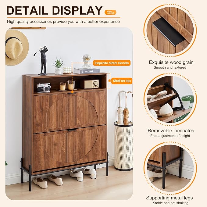 Fluted Shoe Cabinet with 2 Flip Drawers, Slim Freestanding Hidden Shoe Cabinet Organizer, Narrow Shoes Storage Rack for Entryway (All Walnut-2 Drawers, 9.45" D x 31.5" W x 41.93" H)
