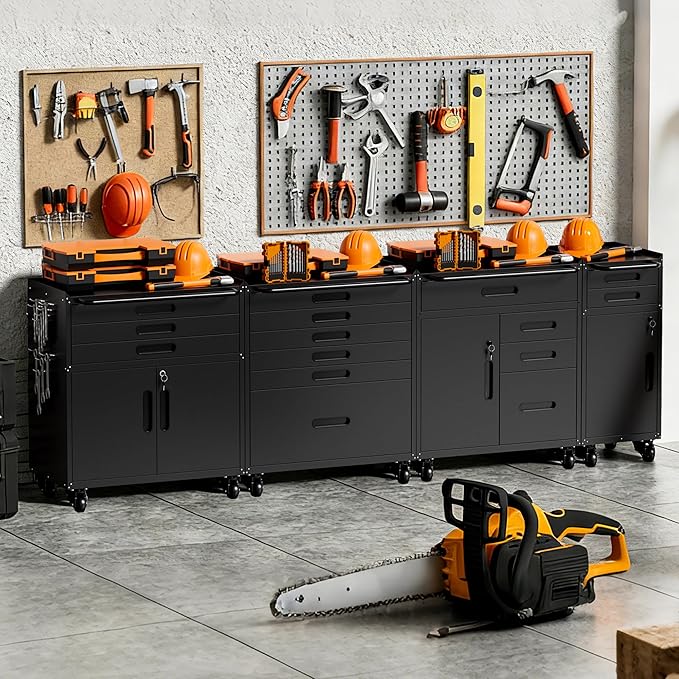 Small Garage Storage Cabinet with Wheels, Metal Rolling Tool Cabinet with 2 Drawers and 1 Door, Heavy Duty Tool Cabinet with Workbench, Assembly Required, Black