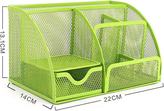 VANRA Office Supply Caddy Mesh Desk Organizer School Supply Holder 6 Compartments with Drawer (Green)