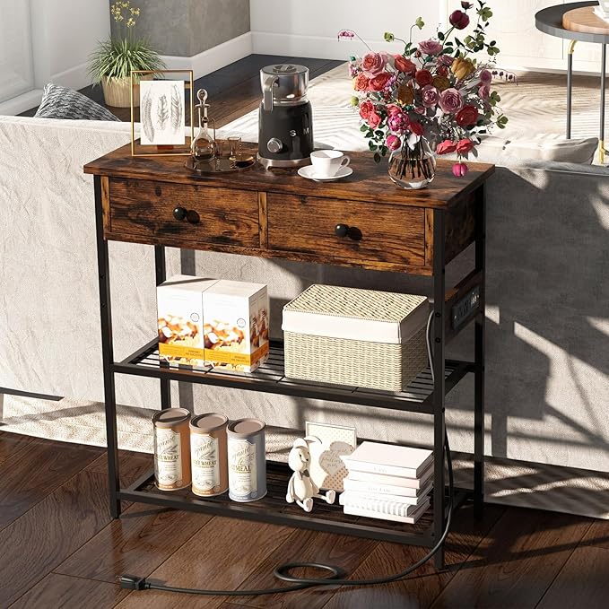 GOFLAME Console Table with Power Outlet, Narrow Entry Table with Drawers, 2 AC Outlets & 2 USB Ports, Sofa Table for Living Room Behind Couch, Living Room, Foyer, Brown
