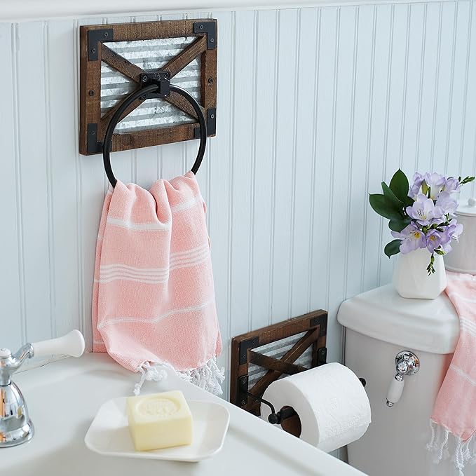 Autumn Alley Farmhouse Toilet Paper Holder with Bracket - Farmhouse Bathroom Rustic Country Decor - Rustic Bathroom Accessories Featuring Warm Brown Wood, Galvanized Metal, and Black Metal
