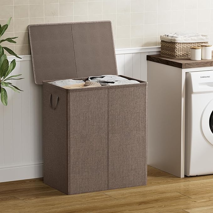 Chrislley 140L Laundry Hamper 2 Section, Double Laundry Basket with Lid, Large Dirty Clothes Hamper with Removable Liner Bags, Collapsible Laundry Organizer for Bedroom, Dorm,Brown