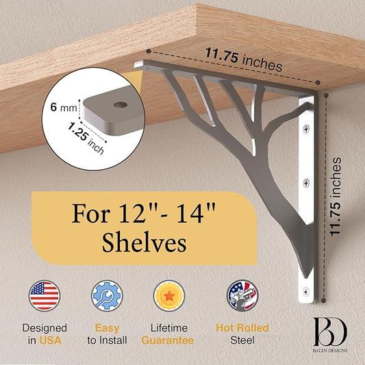 Rustic Tree Chrome Heavy Duty Shelf Brackets 12 inch by Balin Designs, Silver Decorative L Brackets, Iron Metal Floating Shelf Bracket, Wall Mount Shelving Bracket, Included Hardware, Set of 2