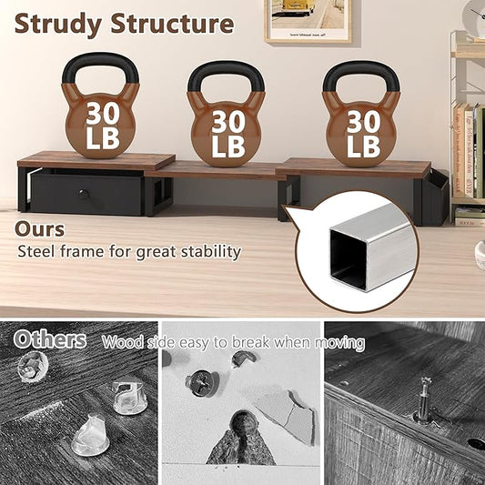 LAND·VOI Heavy Duty Dual Monitor Stand, Holds 2 Screens Up to 27 Inches, Adjustable Length and Angle Monitor Riser, Desk Organizer with Side Pockets and Drawers, Home Office Desk Storage, Rustic Brown