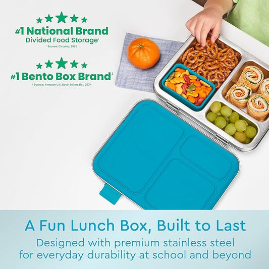 Bentgo Kids Stainless Steel Prints Leak-Resistant Lunch Box - 3-Compartments with Bonus Silicone Container, Durable, Eco-Friendly, Dishwasher Safe, BPA-Free, Ideal for School, Ages 3+ (Dinosaur)