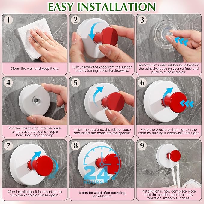 Suction Cup Hooks for Shower No-Drill Bathroom Hooks for Towels, Robes, Loofah Mountable on Bathroom Walls, Kitchen, Glass, Mirrors, Tile and Smooth,Non-Porous Surfaces (2, Red White)