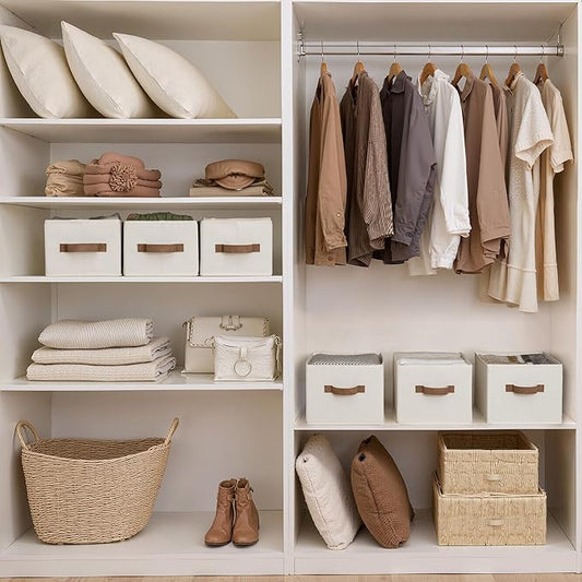 StorageWorks Closet Organizer Storage Baskets, Storage Bins for Shelves, Fabric Organization and Storage, Foldable Closet Organizer for Clothes, Ivory White, 3-Pack, Small