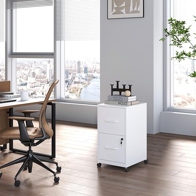 2 Drawer Mobile File Cabinet, Metal Under Desk Filing Cabinet with Lock and Wheels, Home Office Rolling File Cabinet for Legal/Letter Hanging File Folders, Un-Assembled, White