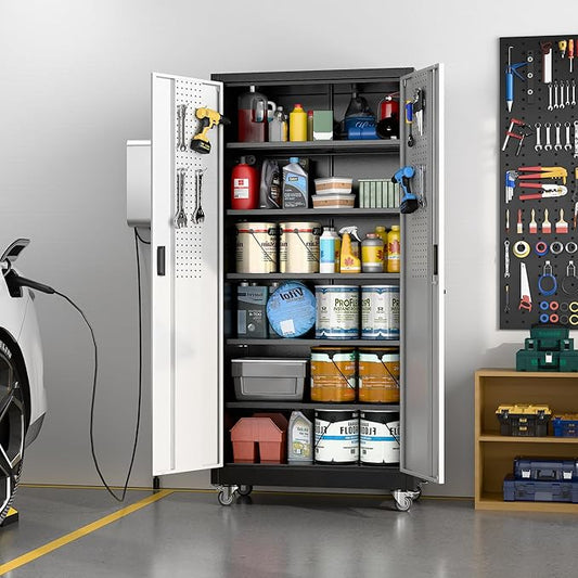 Aobabo Upgrade 71H''*32''W*16''D Metal Garage Storage Cabinet with Wheels and Pegboards, 5 Adjustable Shelves Steel Storage Cabinets for Home,Warehouse,Garage,Assembly Required,Black and Sliver