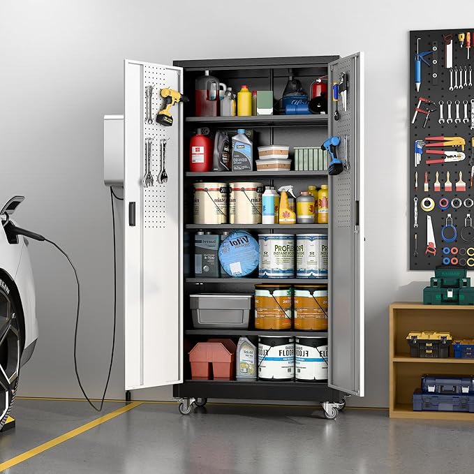 71" H x 34" W x 18" D Garage Storage Cabinet with Wheels and Pegboard, Lockable Metal Storage Cabinet with 5 Adjustable Shelves and 4 Hooks for Garage,Warehouse, Home, Black and Silvery