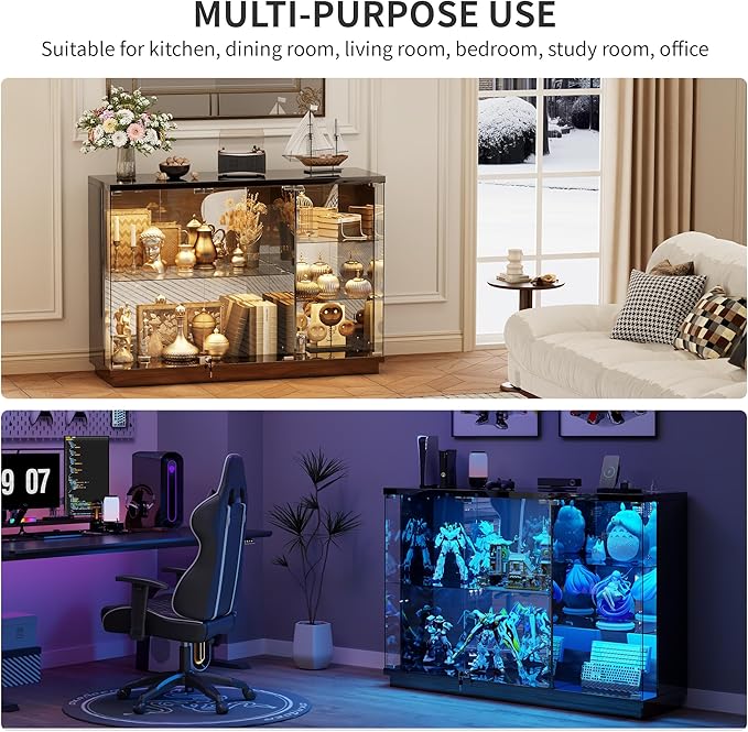 HNEBC Lockable Display Curio Cabinet with Glass Door,47.2" W Glass Display Cabinet with 3 Color Lights for Collectibles,5-Tier Lighted Display Case with Human Sensor,Living Room,Black