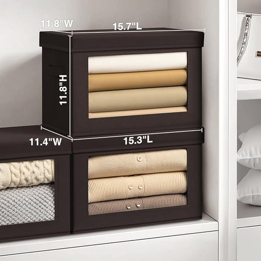 Stackable Storage Bins with Lids - Large Decorative Basket with Lids, Fabric Foldable Closet Organizer Bins, Shelf Organizer for Living Room, Dorm, 5 Pack, Brown