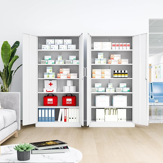 Metal Garage Storage Cabinet, 72" Tall White Tool Cabinet with Lockable Doors and 5 Adjustbale Shelves for Garage,HomeOffice
