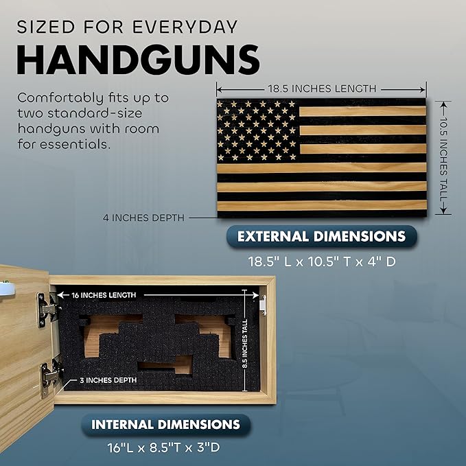 American Flag Hidden Gun Safe - Quick Access Hidden Gun Shelf - Concealment Shelf with Magnetic Lock - Wall Gun Safe for Secure Firearm Storage - Handcrafted In USA by Bellewood Designs (Black)