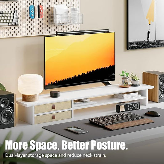 Dual‑Tier Monitor Stand Riser with Drawers, Desktop Organizer Shelf Storage for Computer Screen 2 Monitors, Supports for PC Computer Monitor, Printer, Heavy TV Riser White