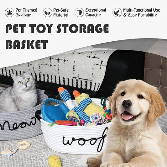Sea Team Dog Toy Storage Basket with Handles, 16.5 x 11 x 7 Inches, 4.4 Gallons Large Cotton Rope Storage Bin, Shelf Basket, Organizer for Pet Chew Toys, Foods, White Woof