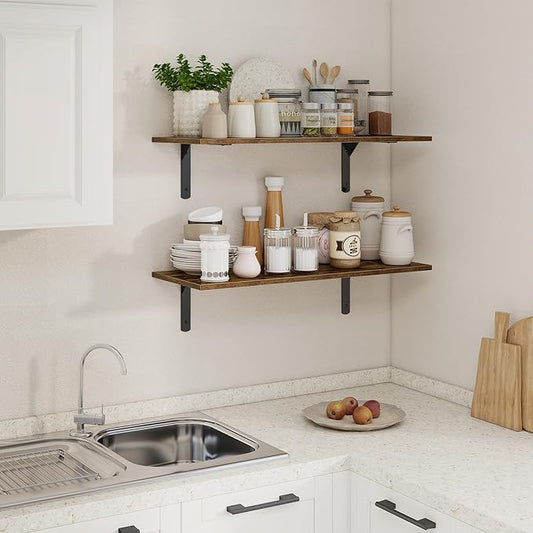 30" W x 12" D Floating Shelves for Wall, Deep Wall Shelves with Visible Bracket for Books, Plant, Large Deep Bathroom Shelf for Storage & Display, Rustic Brown, Set of 2