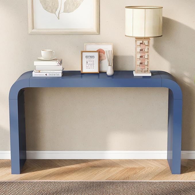 Minimalist Acacia Vneer Entryway Table with Two Legs, Stylish Narrow Wood Entryway Table, Elegant Wood Accent Entry Table for Narrow Spaces,Living Rooms,Entrances,Balconies,Study (Navy Blue-KK99)