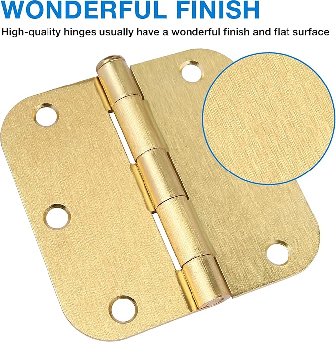 Door Hinges Satin Brass 3.5 Inch x 3.5" Interior Gold Door Hinges for Doors 12 Pack Brushed Brass Door Hinges 3-1/2" Rounded 5/8"Radius Corners Bedroom Residential Standard Indoor Door Hardware Hinge