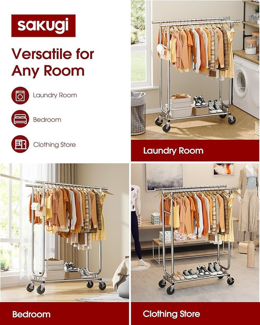 Stainless Steel Rolling Clothes Rack with Mesh Shelf, Lockable Wheels & Anti-Slip Stoppers, Freestanding Clothing Organizer for Bedroom, Laundry Room, 43.5" x 16.5" x 65.9", Silver