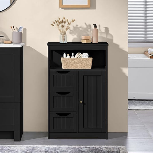 Yaheetech Bathroom Floor Cabinet, Free Standing Wooden Storage Cabinet Multiple Tiers Storage Organizer for Bathroom/Living Room/Entryway, Black