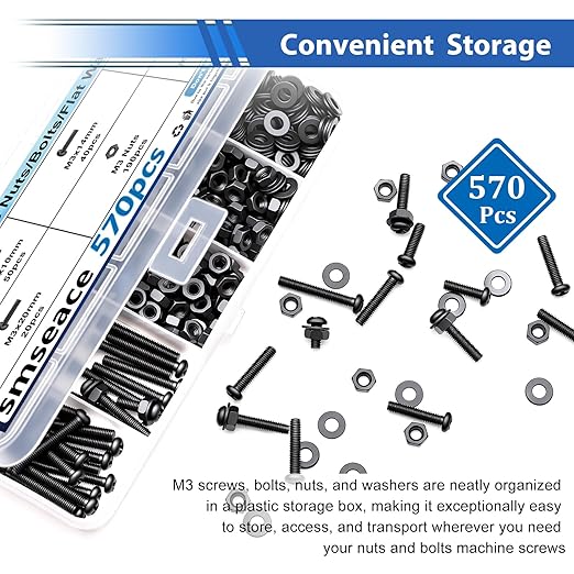 smseace 570Pcs Black M3 Screws with Nuts Assortment Kit Nuts M3x6/10/14/16/20mm 5-Sizes Bolt Washer Assortment Kit for Machinery, Furniture, Automotive,DIY, 3D Printer, Motorcycle Repairs