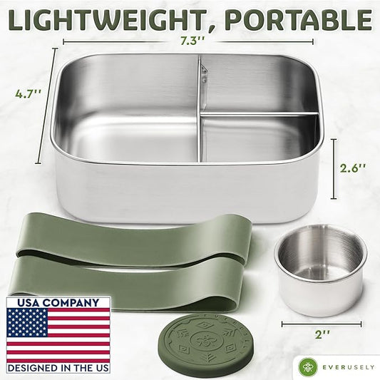 Everusely - Bento Box - Sage, 37oz / 1.1 L - Stainless Steel Lunch Box with Leakproof Condiment Container - 3 Compartment Snack Organizer for On the Go Meals - Freezer & Dishwasher Safe